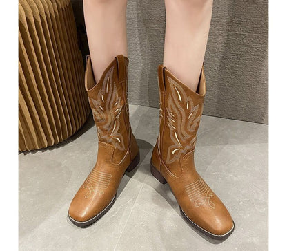 Boots Embroidered Chunky Cowboy Heel
