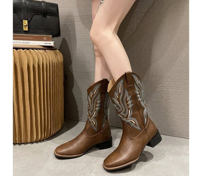Boots Embroidered Chunky Cowboy Heel