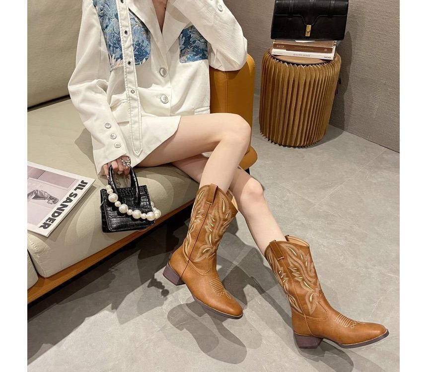 Boots Embroidered Chunky Cowboy Heel