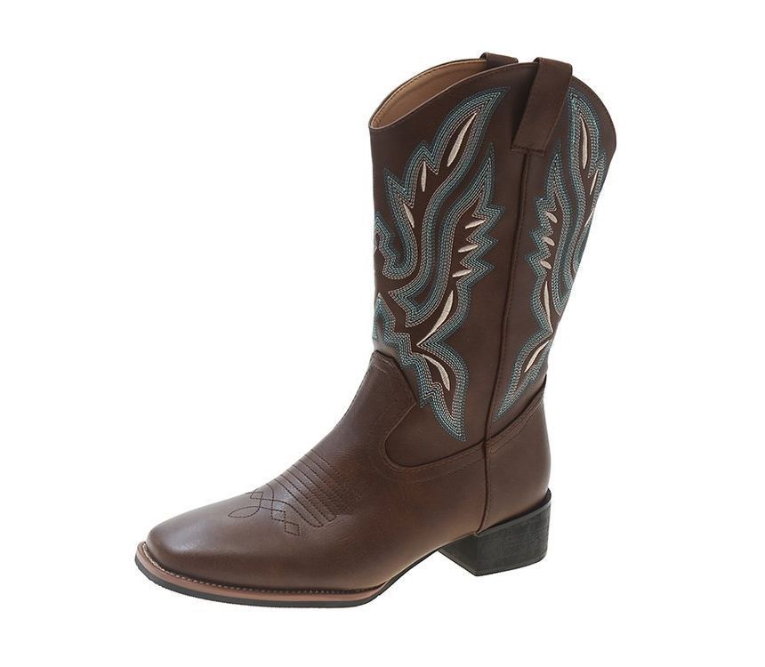 Boots Embroidered Chunky Cowboy Heel
