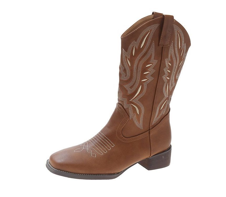 Boots Embroidered Chunky Cowboy Heel