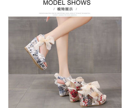 Platform Bow Sandals Wedge Floral Heel