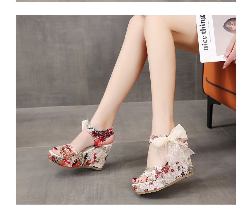 Platform Bow Sandals Wedge Floral Heel