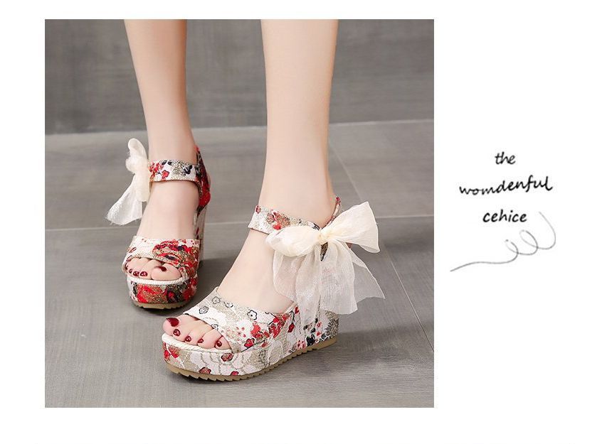 Platform Bow Sandals Wedge Floral Heel