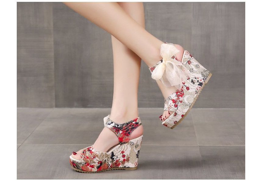 Platform Bow Sandals Wedge Floral Heel