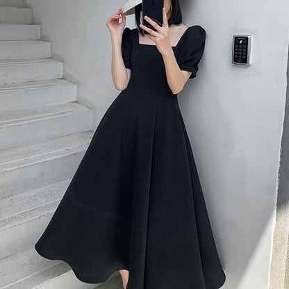 Short-Sleeve Square Neck Plain Midi A-Line Dress