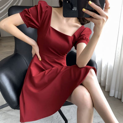 Short-Sleeve Square Neck Plain Midi A-Line Dress