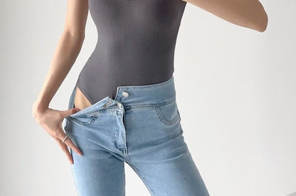 Neck Top Scoop Bodysuit Plain Sleeveless