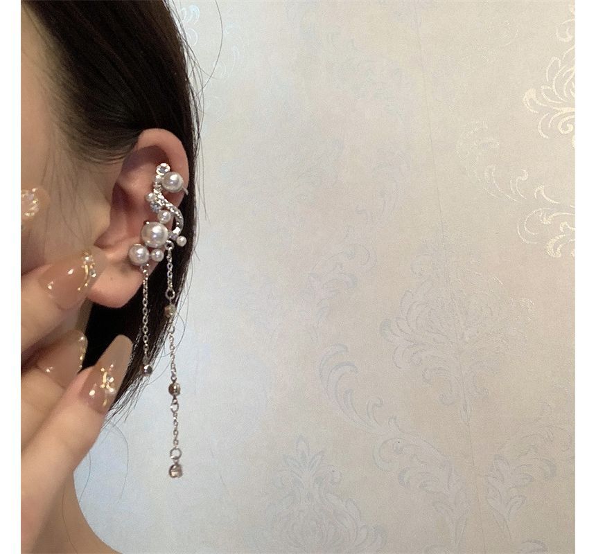 Pearl Ear Cuff Rhinestone Faux Fringe