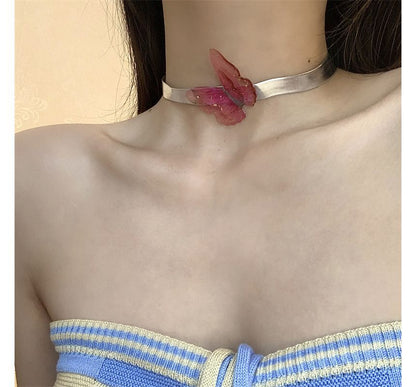 Choker Faux Leather Butterfly