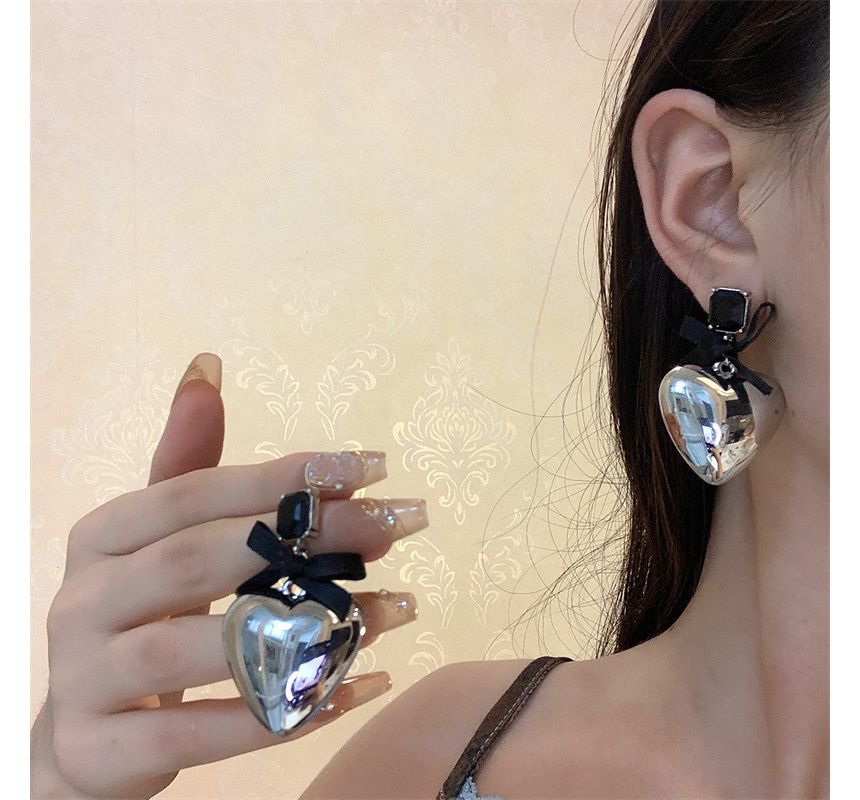 Rhinestone Bow Earring Drop Heart