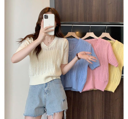 V-Neck Crochet Knit Top Short-Sleeve