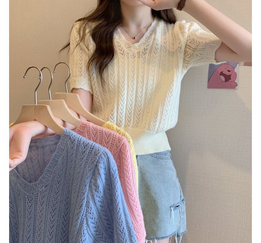 V-Neck Crochet Knit Top Short-Sleeve