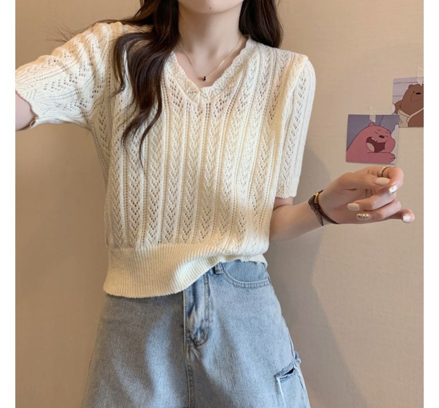 V-Neck Crochet Knit Top Short-Sleeve