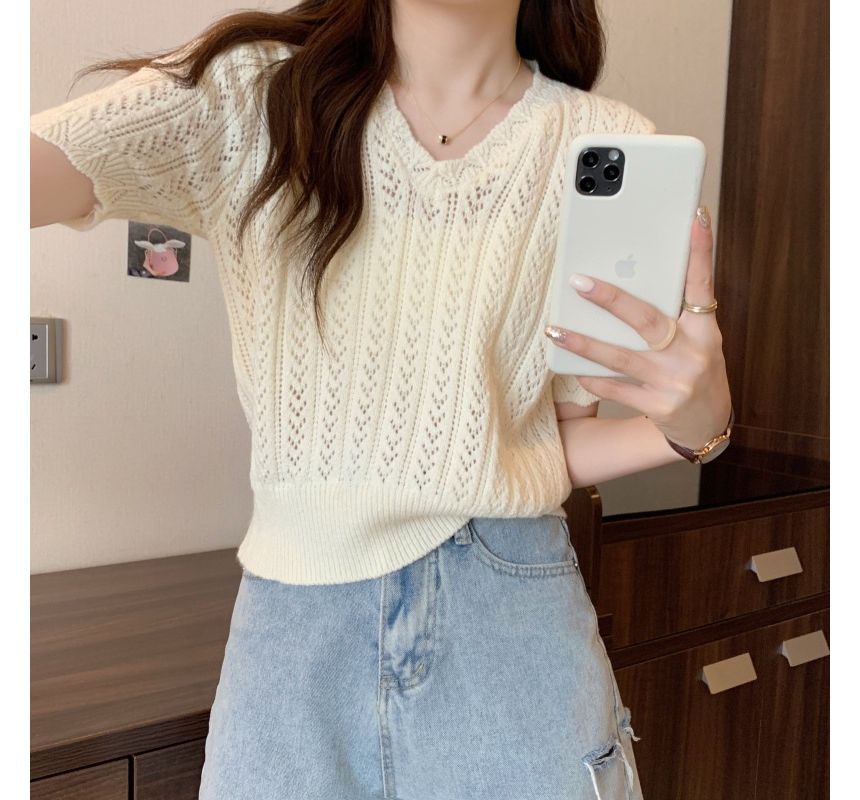 V-Neck Crochet Knit Top Short-Sleeve