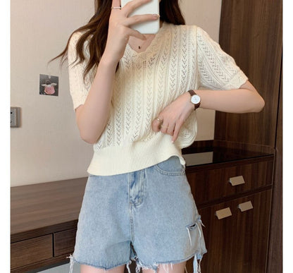 V-Neck Crochet Knit Top Short-Sleeve