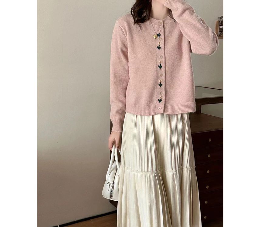 Plain Cardigan Floral Neck Crew