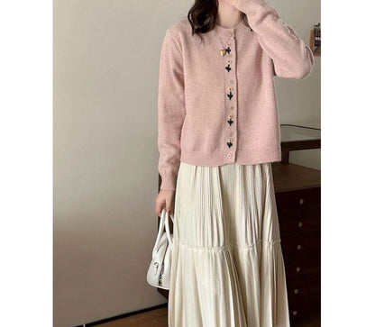 Plain Cardigan Floral Neck Crew