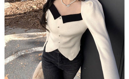 Slim-Fit Top Puff-Sleeve Square-Neck Knit