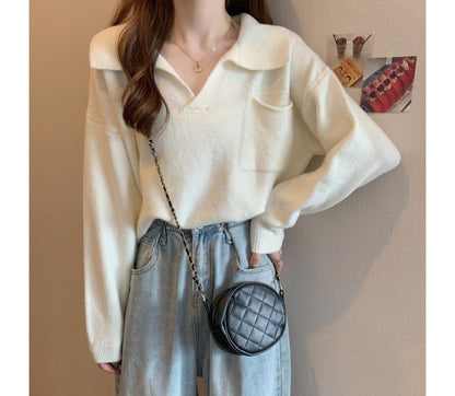 V-Neck Plain Loose-Fit Sweater