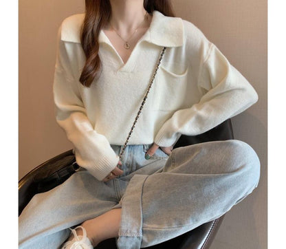 V-Neck Plain Loose-Fit Sweater