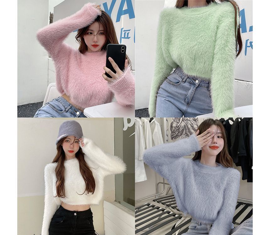 Cropped Sweater Plain Round Neck