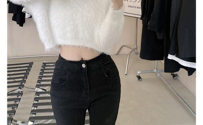 Cropped Sweater Plain Round Neck