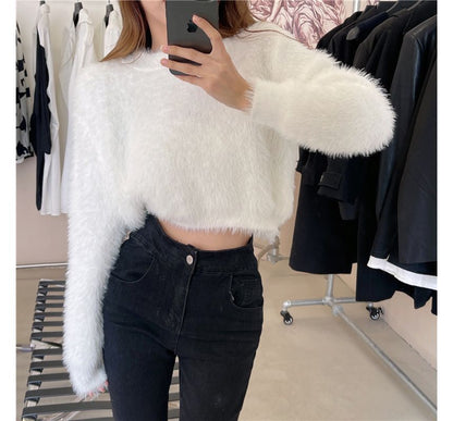 Cropped Sweater Plain Round Neck