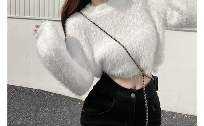 Cropped Sweater Plain Round Neck