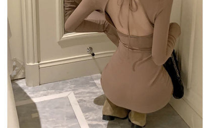 Mini Open Back Neck Sheath Dress Long-Sleeve Crew Plain
