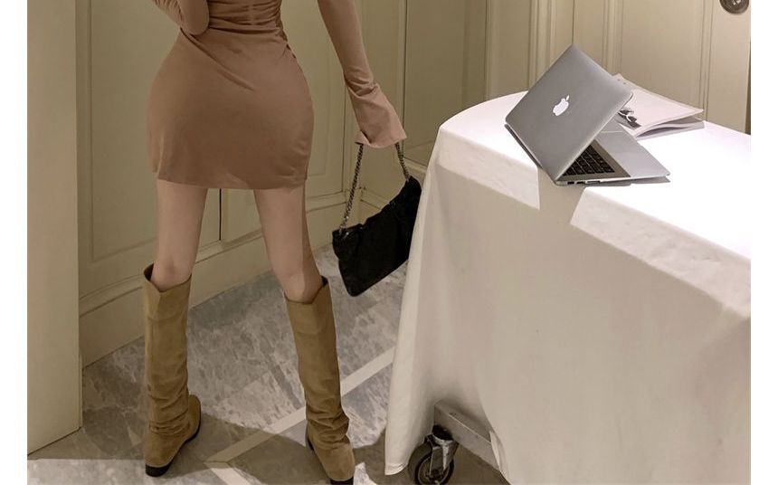 Mini Open Back Neck Sheath Dress Long-Sleeve Crew Plain