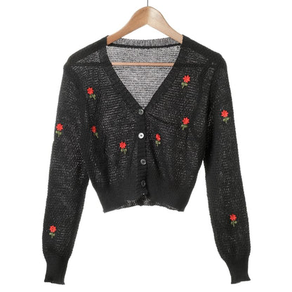 Neck Set: Embroidered Square Floral Top Crop Knit Tank Cardigan +