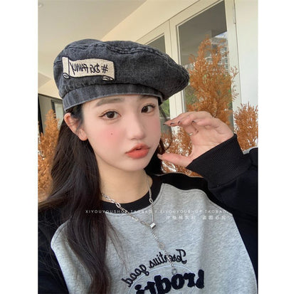 Hat Embroidered Denim Beret Lettering