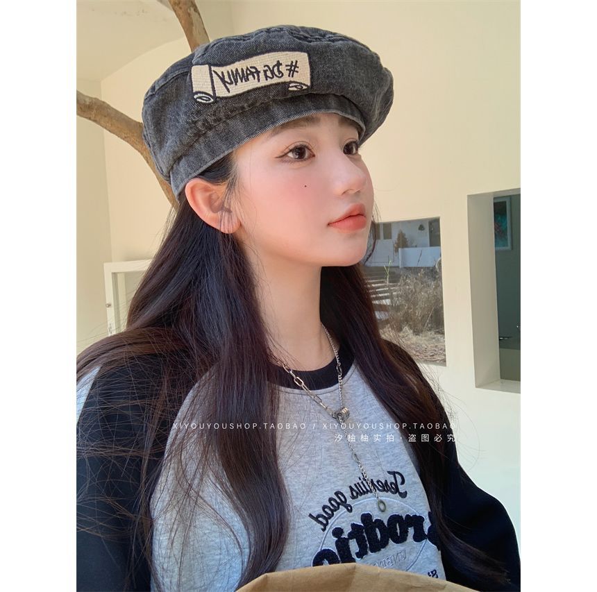 Hat Embroidered Denim Beret Lettering