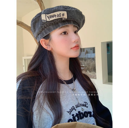 Hat Embroidered Denim Beret Lettering