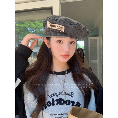 Hat Embroidered Denim Beret Lettering