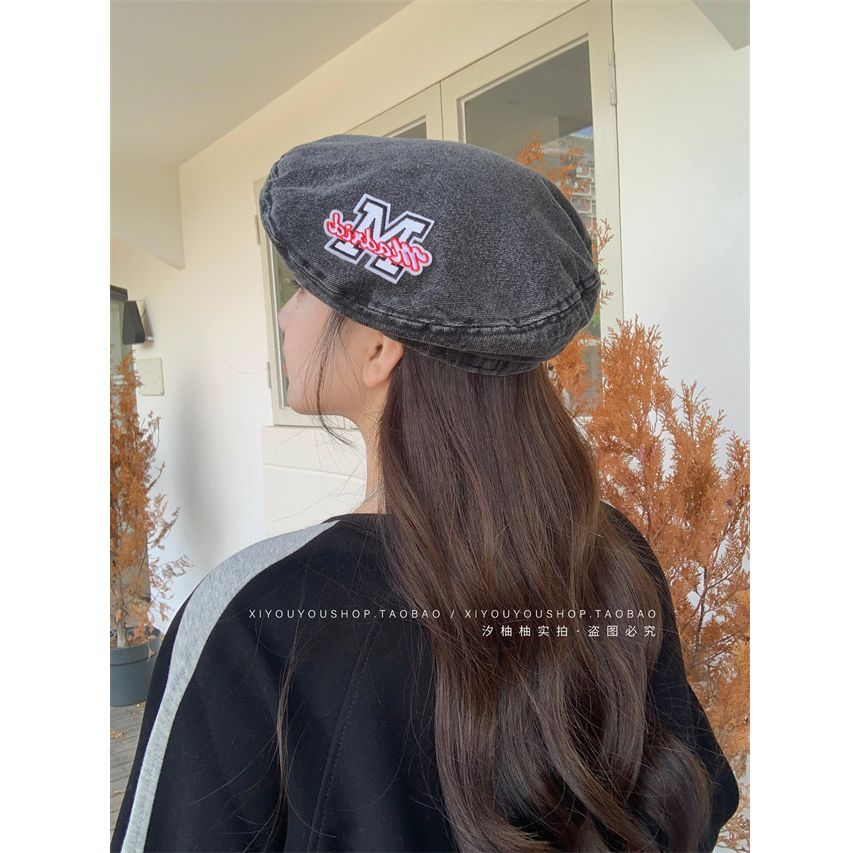 Hat Embroidered Denim Beret Lettering