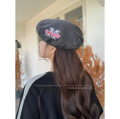 Hat Embroidered Denim Beret Lettering