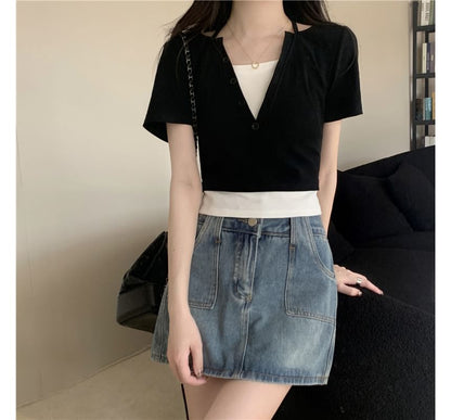 Top Short-Sleeve Halter Two-Piece Mock