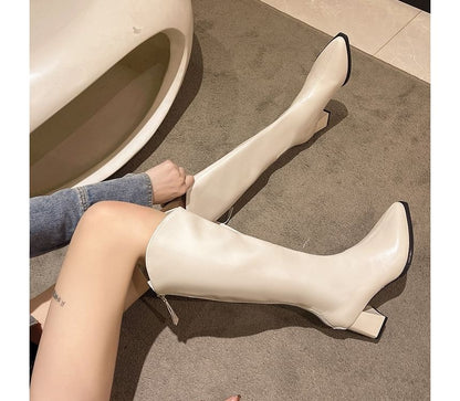 Chunky Boots Faux Heel Pointy Tall Leather
