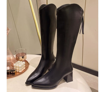Chunky Boots Faux Heel Pointy Tall Leather