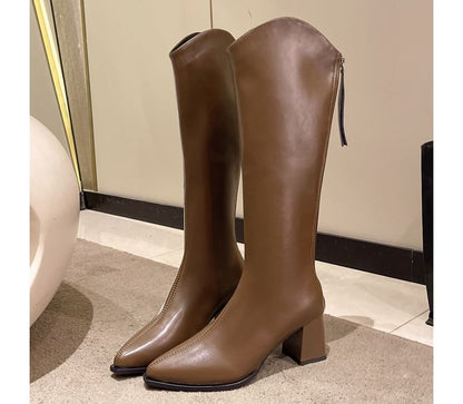 Chunky Boots Faux Heel Pointy Tall Leather