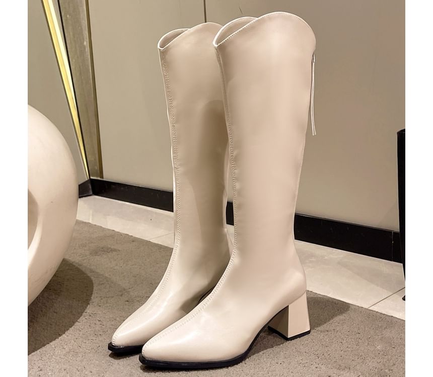 Chunky Boots Faux Heel Pointy Tall Leather