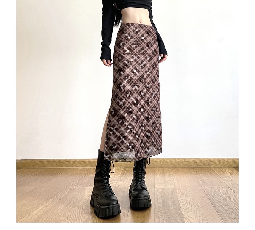 Skirt Mid Waist Plaid Midi A-Line