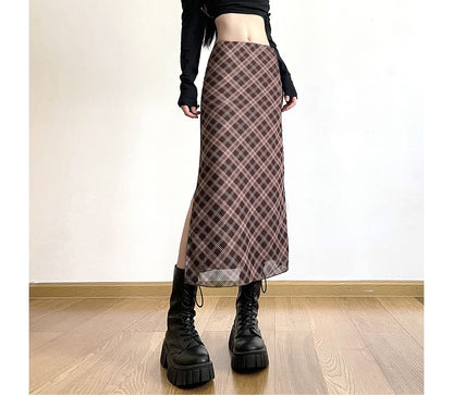 Skirt Mid Waist Plaid Midi A-Line