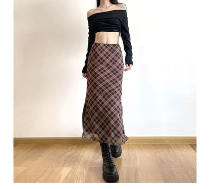 Skirt Mid Waist Plaid Midi A-Line