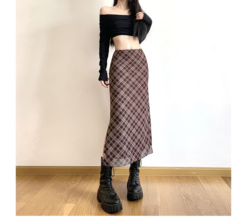 Skirt Mid Waist Plaid Midi A-Line