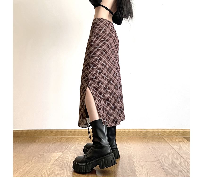 Skirt Mid Waist Plaid Midi A-Line
