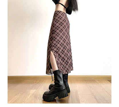 Skirt Mid Waist Plaid Midi A-Line