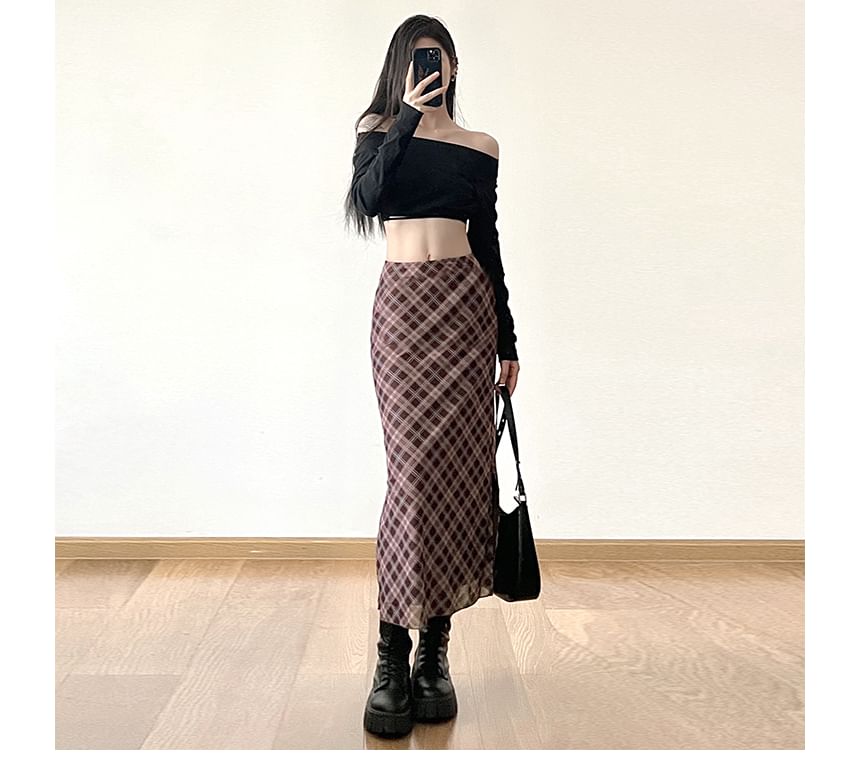 Skirt Mid Waist Plaid Midi A-Line